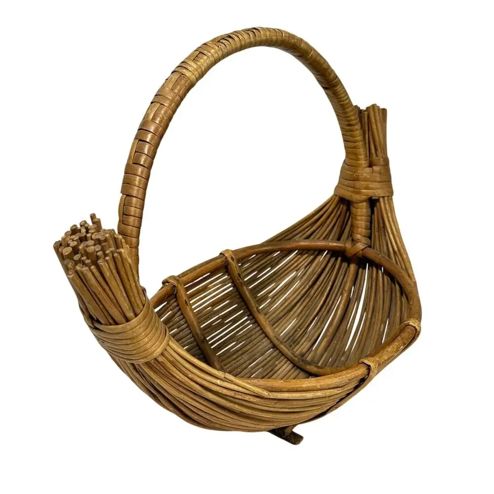 Pencil Reed Wood Basket handmade signed unique boat shape vintage centerpiece